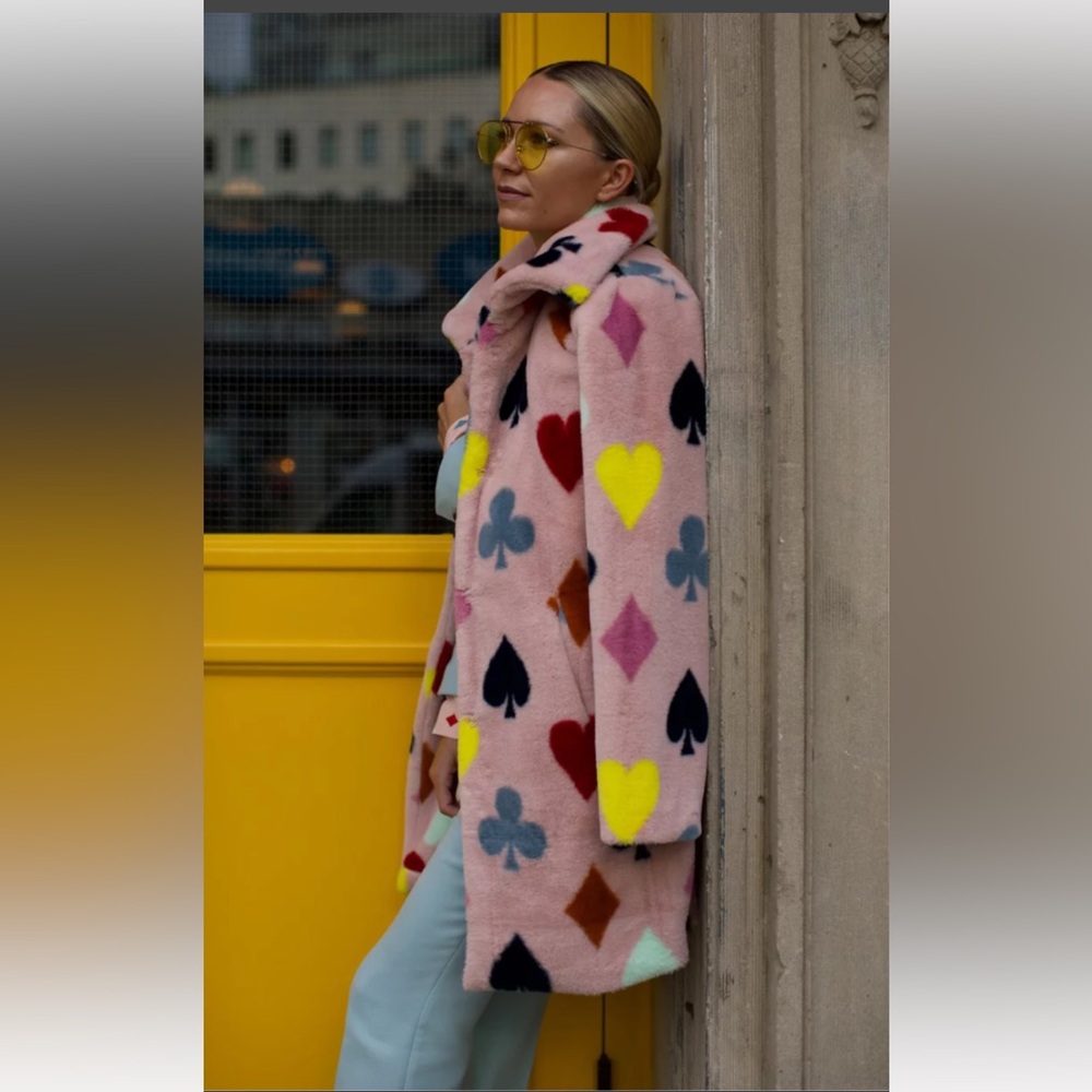 Halogen Pink Teddy Jacket with Colorful Card Suits